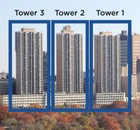 View of Towers 1, 2, and 3, with labels), from the Hudson River, showing the buildings in autumn.